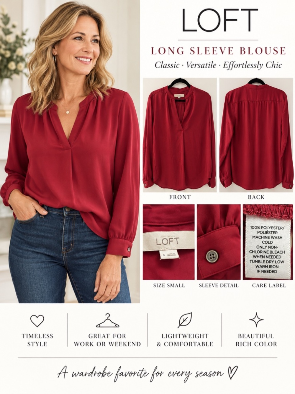 LOFT Burgundy Berry Long Sleeve Blouse Size Small